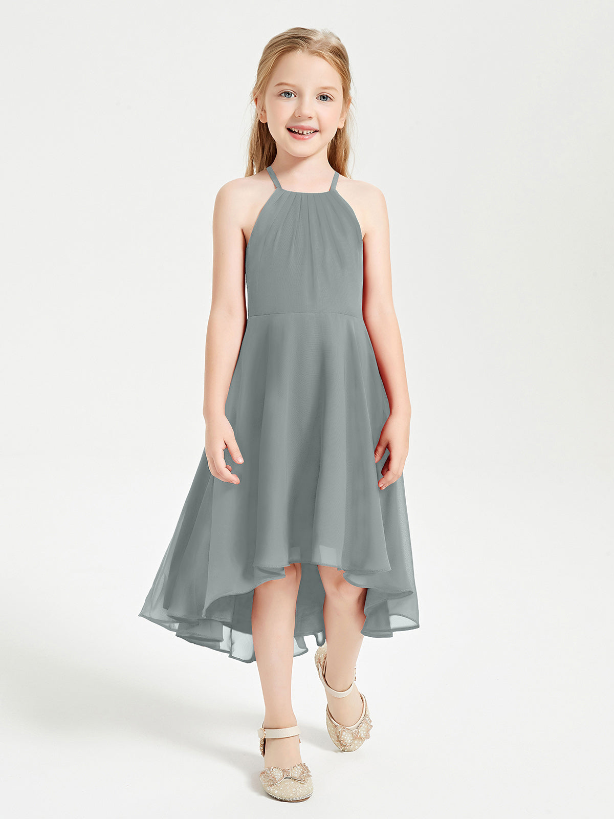 Tea Length Junior Bridesmaid Dresses with Asymmetrical Skirts Steel Grey